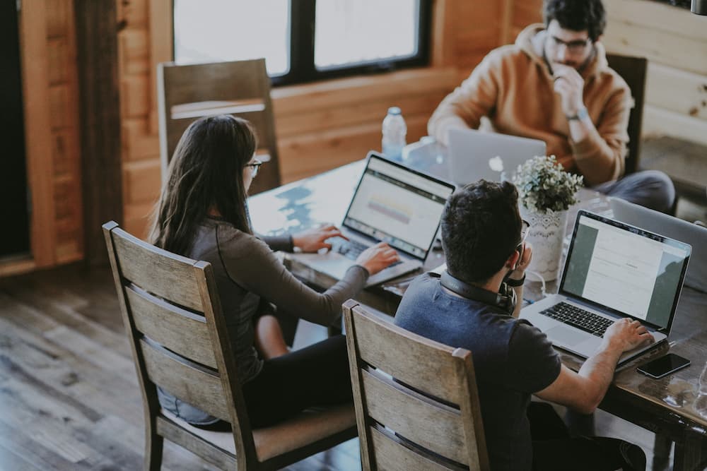 Group of people working on laptops in a collaborative environment, focused on their activities