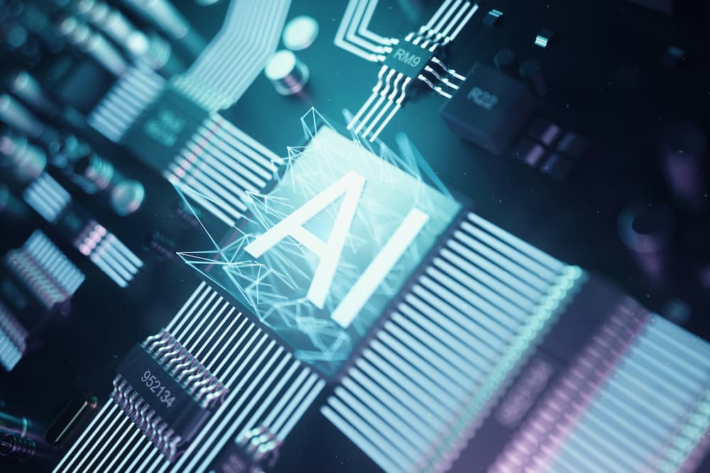 electronic circuit highlighting artificial intelligence (AI) with futuristic elements