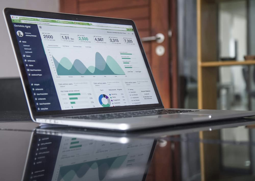 Laptop screen displaying charts and analytical metrics in a modern work environment